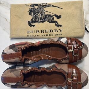 Burberry Plaid Flats with Brown Leather Straps w/Buckles